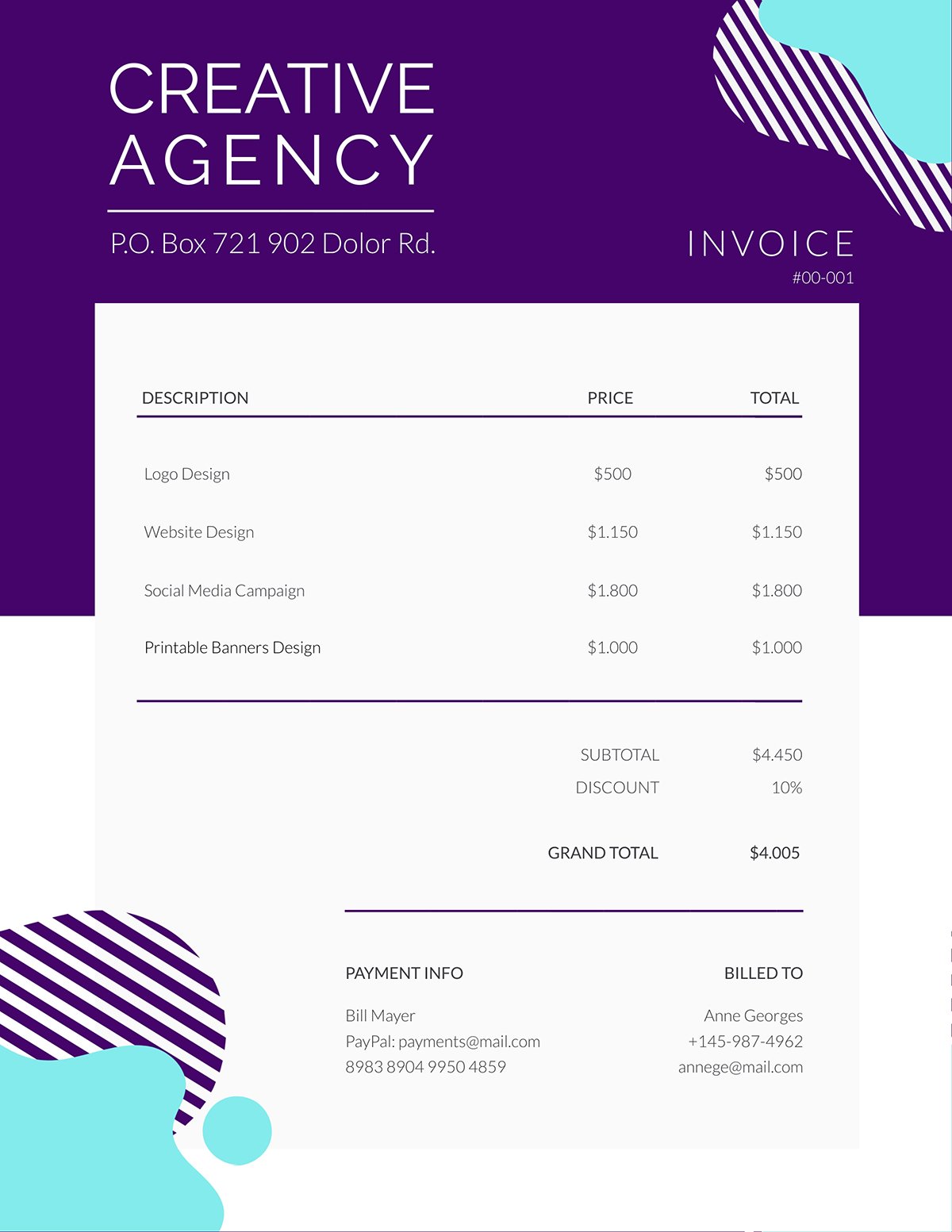 A creative agency invoice template available in Visme.