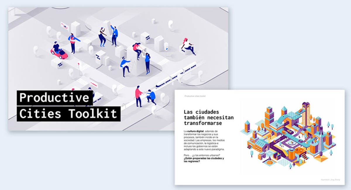 Isometric illustrations on a presentation slide.