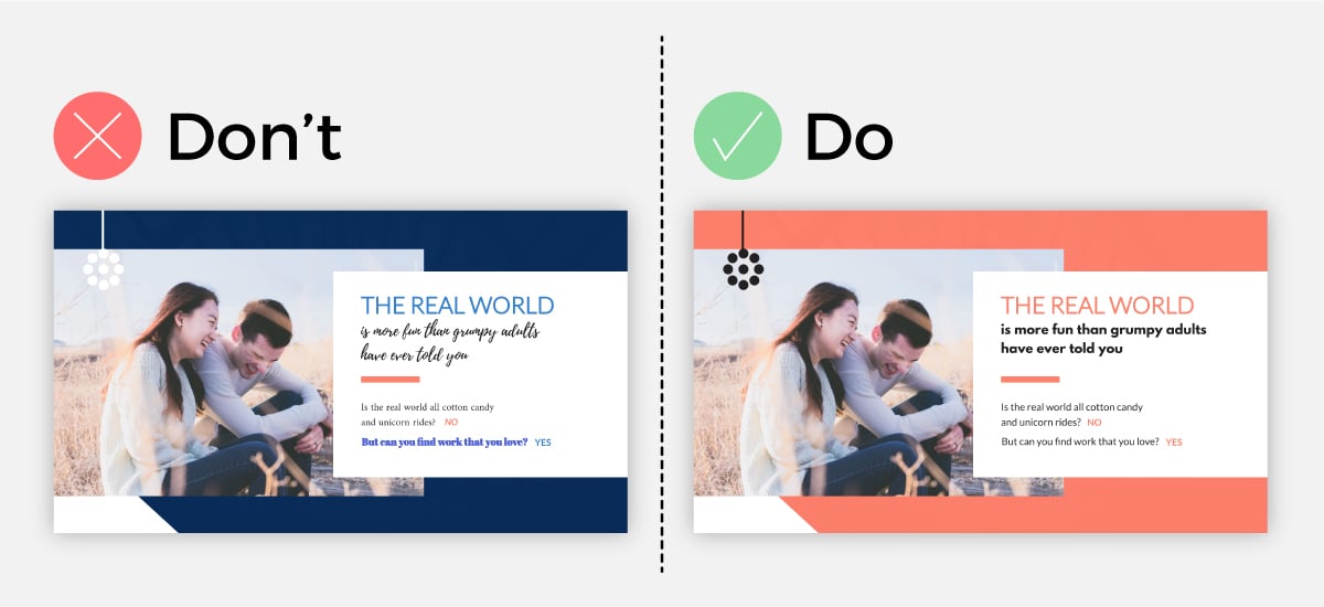 Presentation do's and don'ts for using fonts and colors.