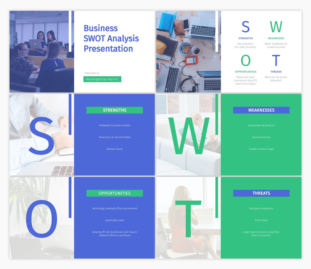 A SWOT analysis presentation template available in Visme.