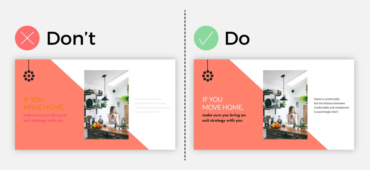 Do vs. don't slide comparison showcasing how to use contrasting colors.