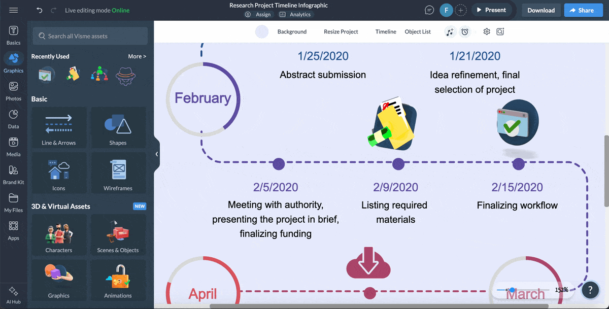 Adding an illustration into a timeline template in Visme's editor.