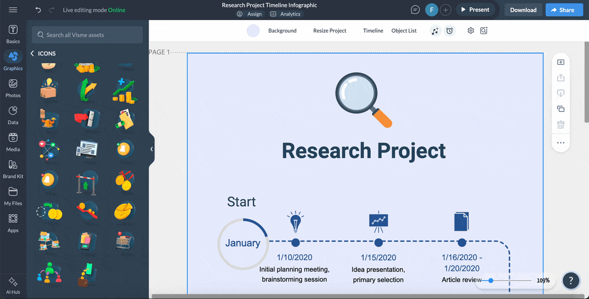 Adding a header to a timeline template in Visme's editor.