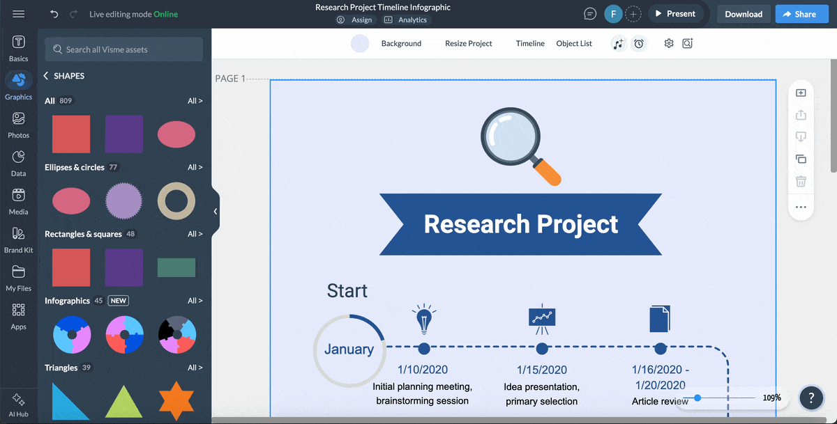 Adding a shape to a timeline template in Visme's editor.