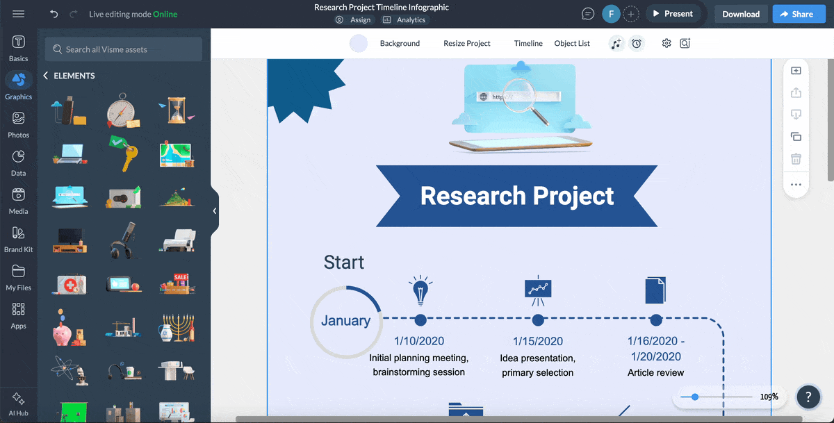a GIF of how to share and publish timelines in Visme