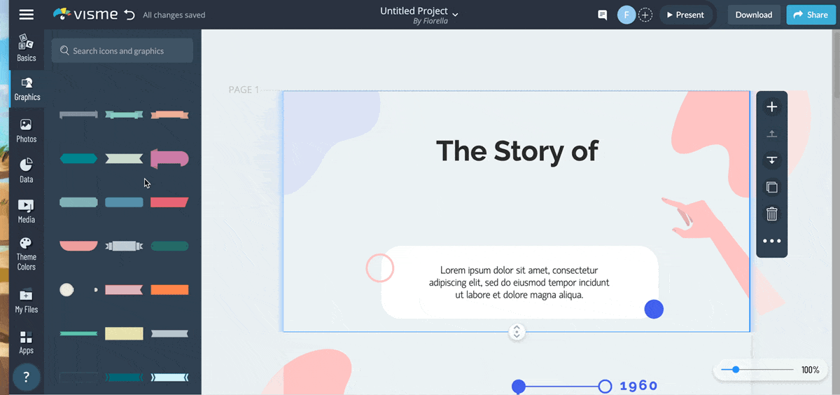 Adding a header to a timeline template in Visme's editor.