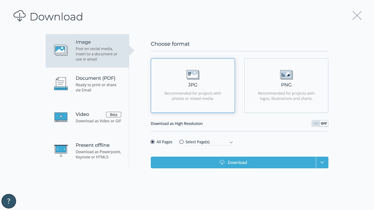 A screenshot of the ways to download your mockup in Visme.