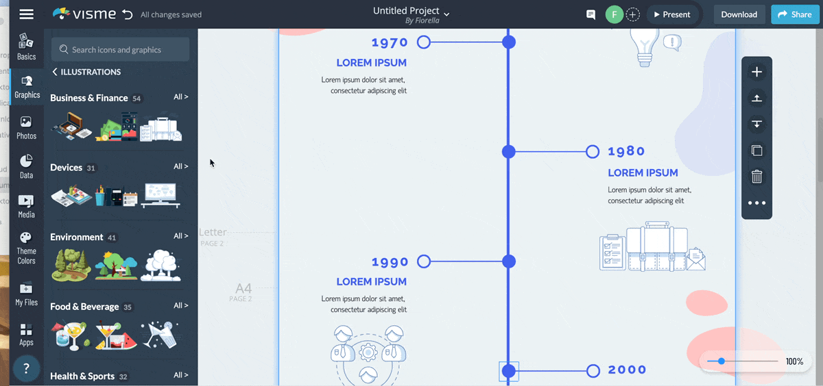 Adding an illustration into a timeline template in Visme's editor.