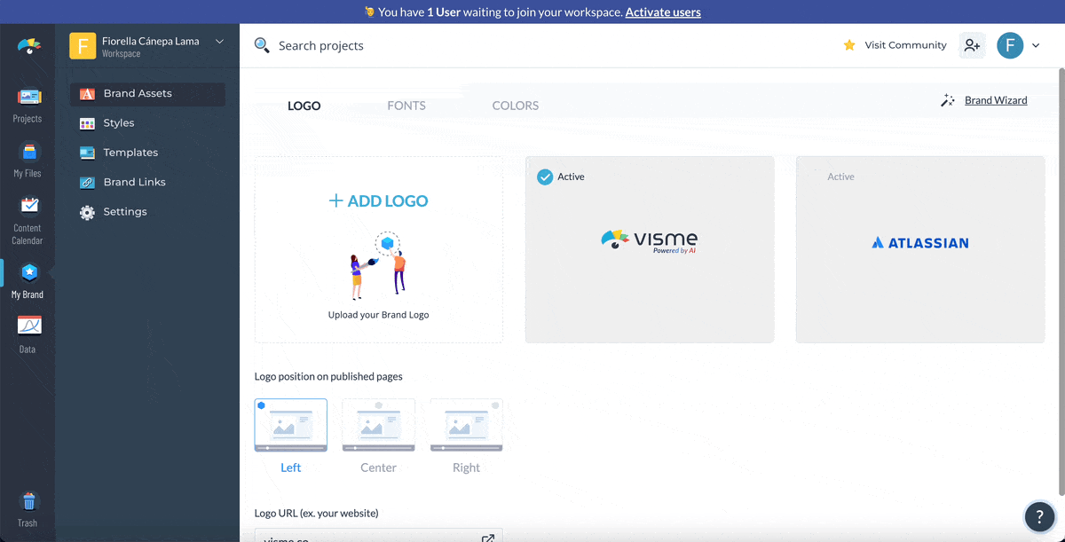 A GIF showcasing a brand kit with all of its brand elements added inside Visme.