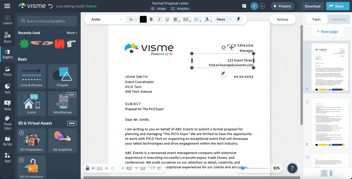 A GIF showcasing how to input your own content into your letterhead in Visme.