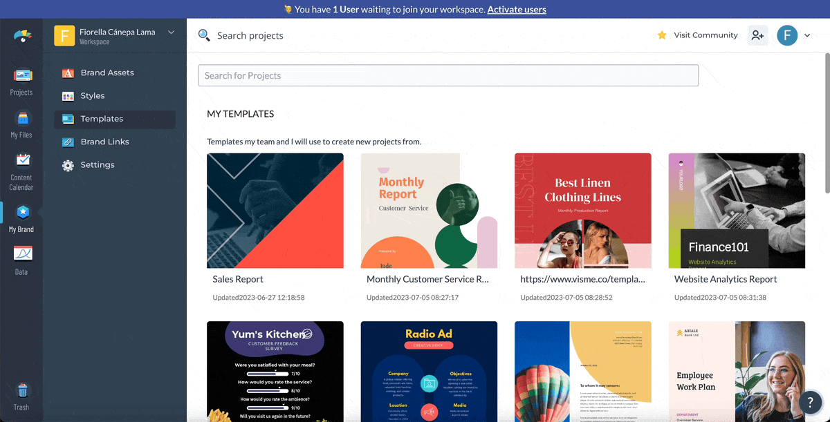 A GIF showing how to save your letterhead template to your brand templates library in Visme.