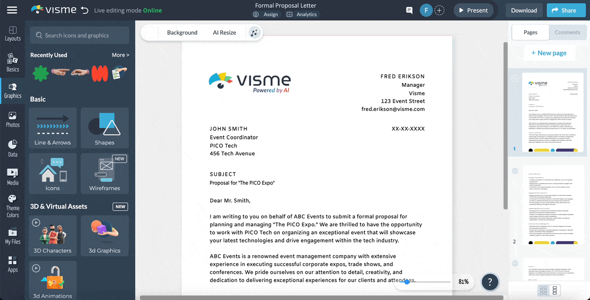 A GIF showcasing how to download your letterhead as a PDF in Visme.
