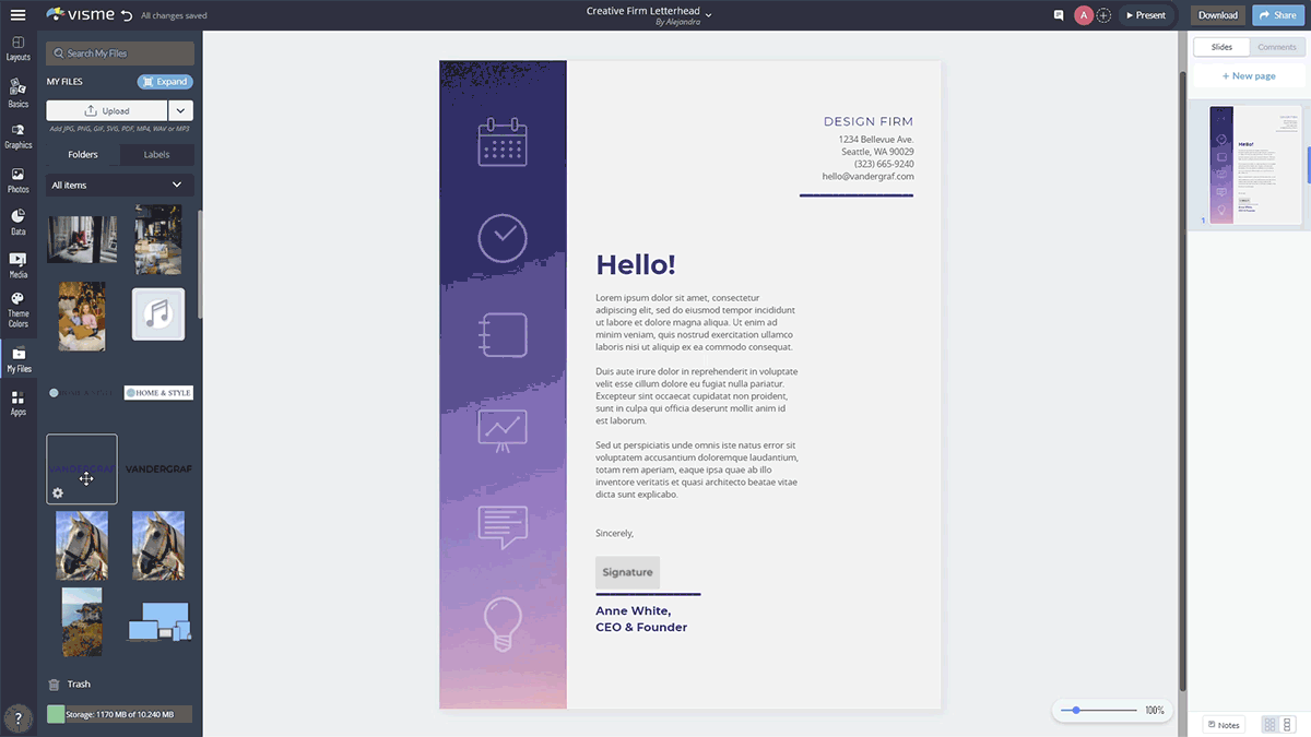 A GIF demonstrating how to add your logo and brand colors into your letterhead.