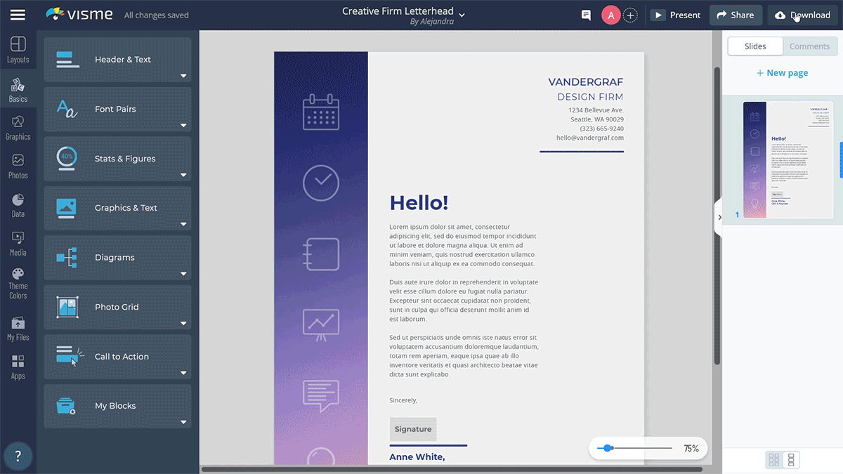 A GIF showcasing how to download your letterhead as a PDF in Visme.