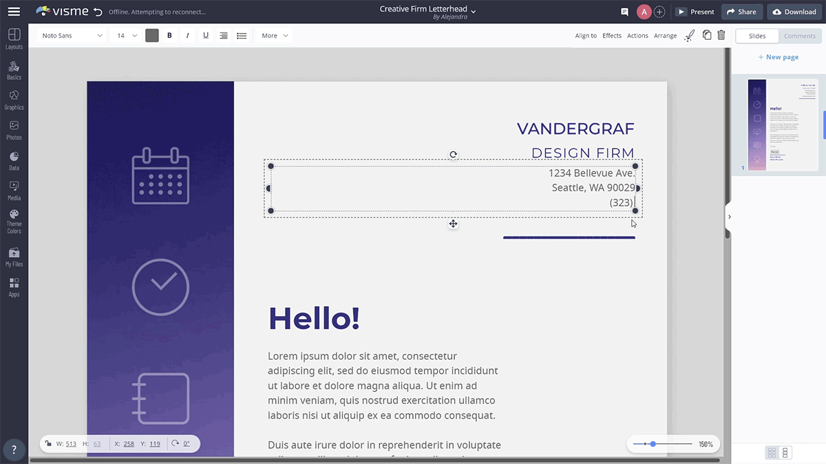 A GIF showcasing how to input your own content into your letterhead in Visme.