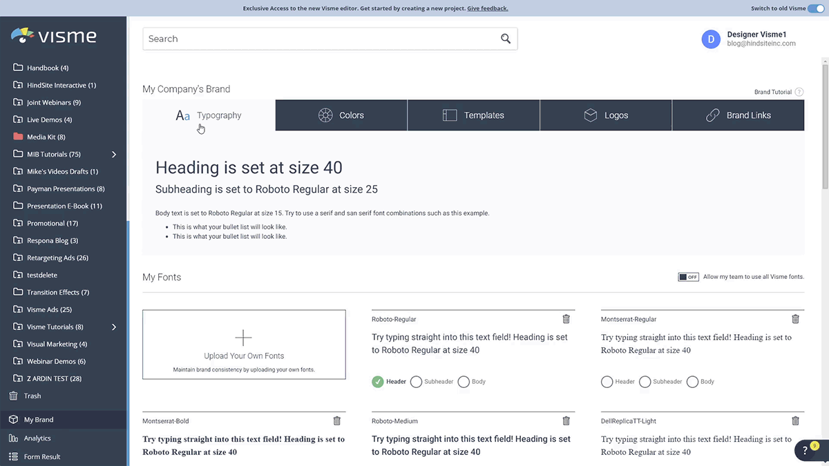 A GIF showcasing a brand kit with all of its brand elements added inside Visme.