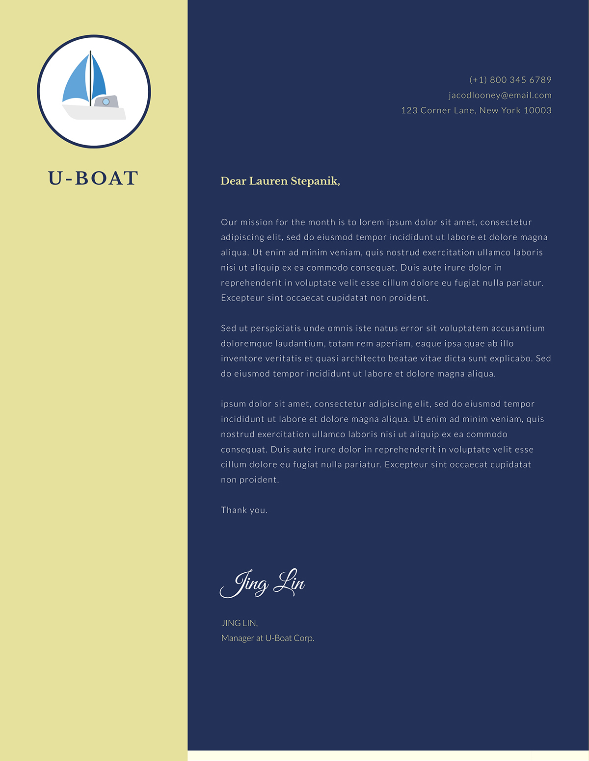 A boating services letterhead template available to customize in Visme.