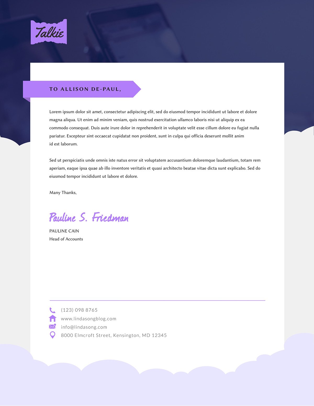 A communication services letterhead template available to customize in Visme.