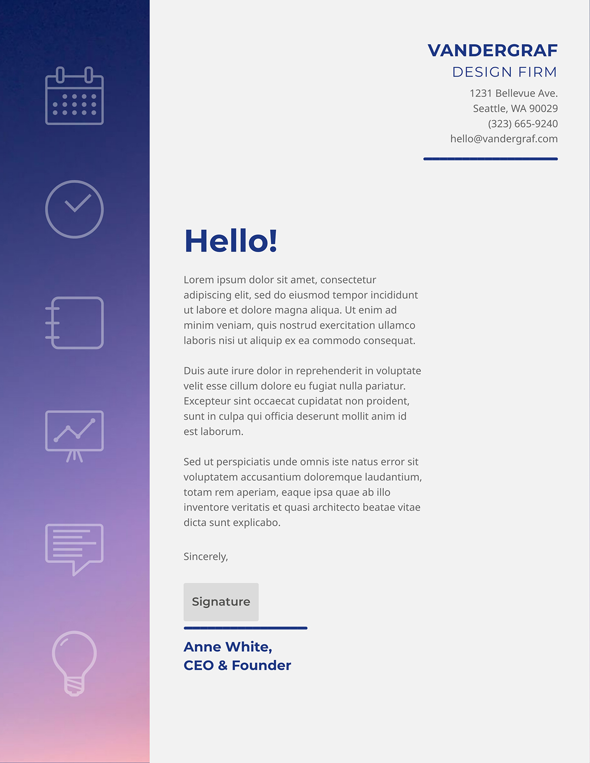 A creative agency letterhead template available to customize in Visme.