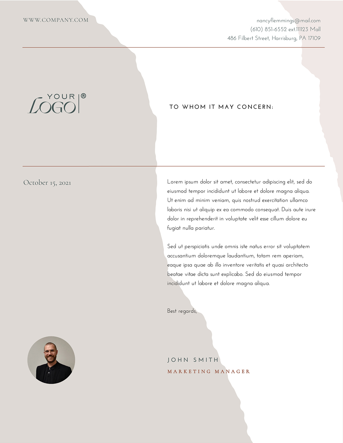 A digital marketing letterhead template available to customize in Visme.