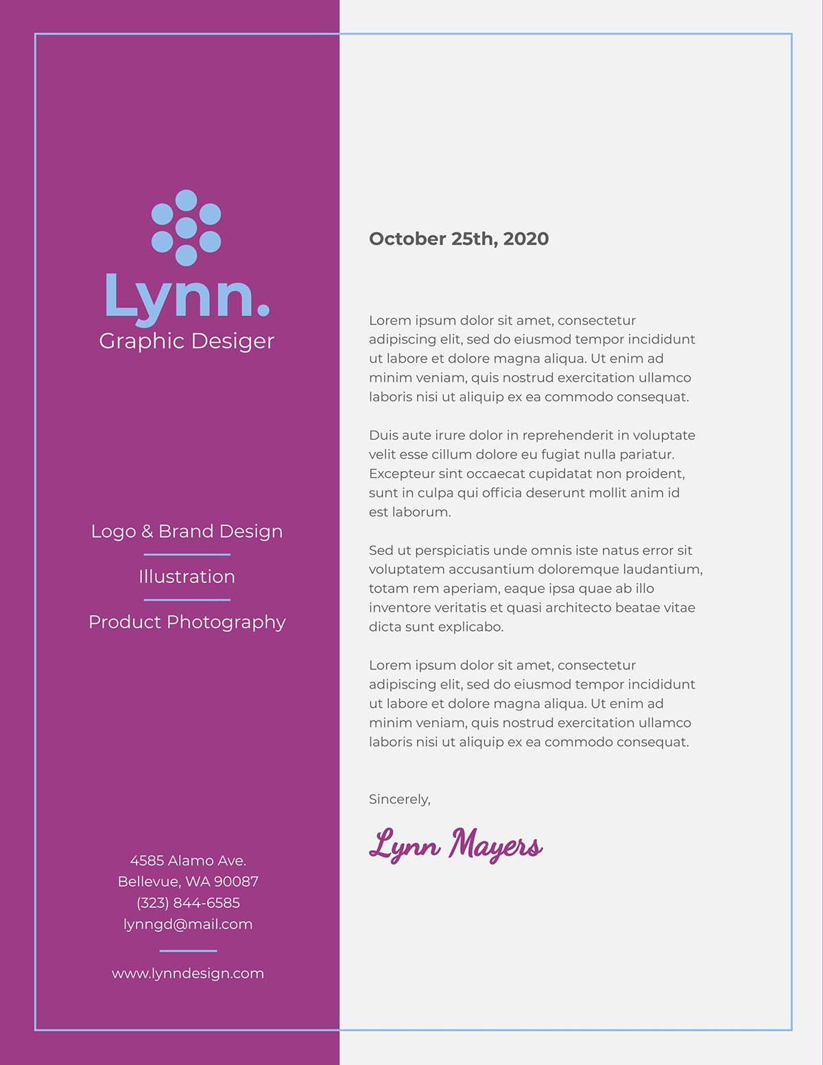 A freelance designer letterhead template available to customize in Visme.