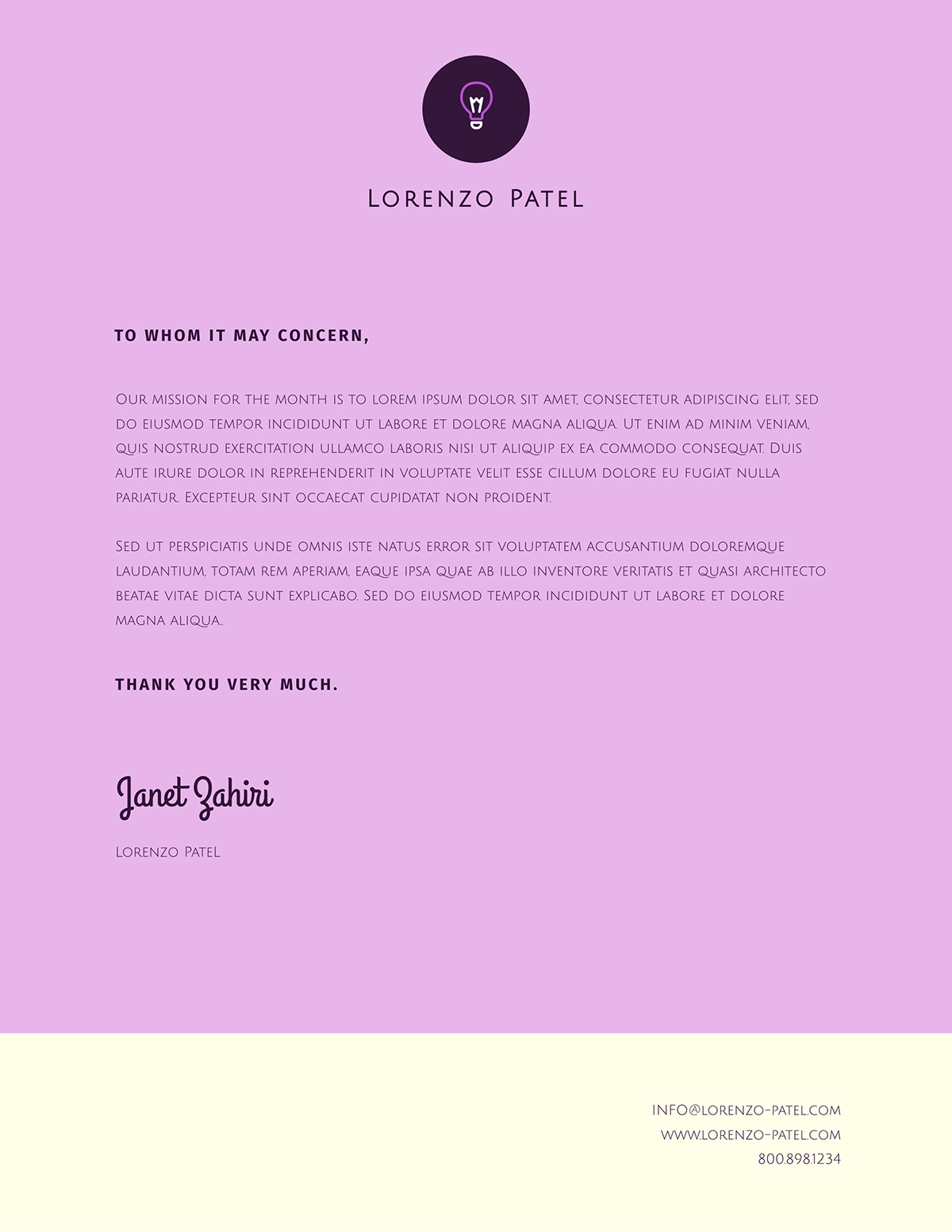 A personal letterhead template available to customize in Visme.