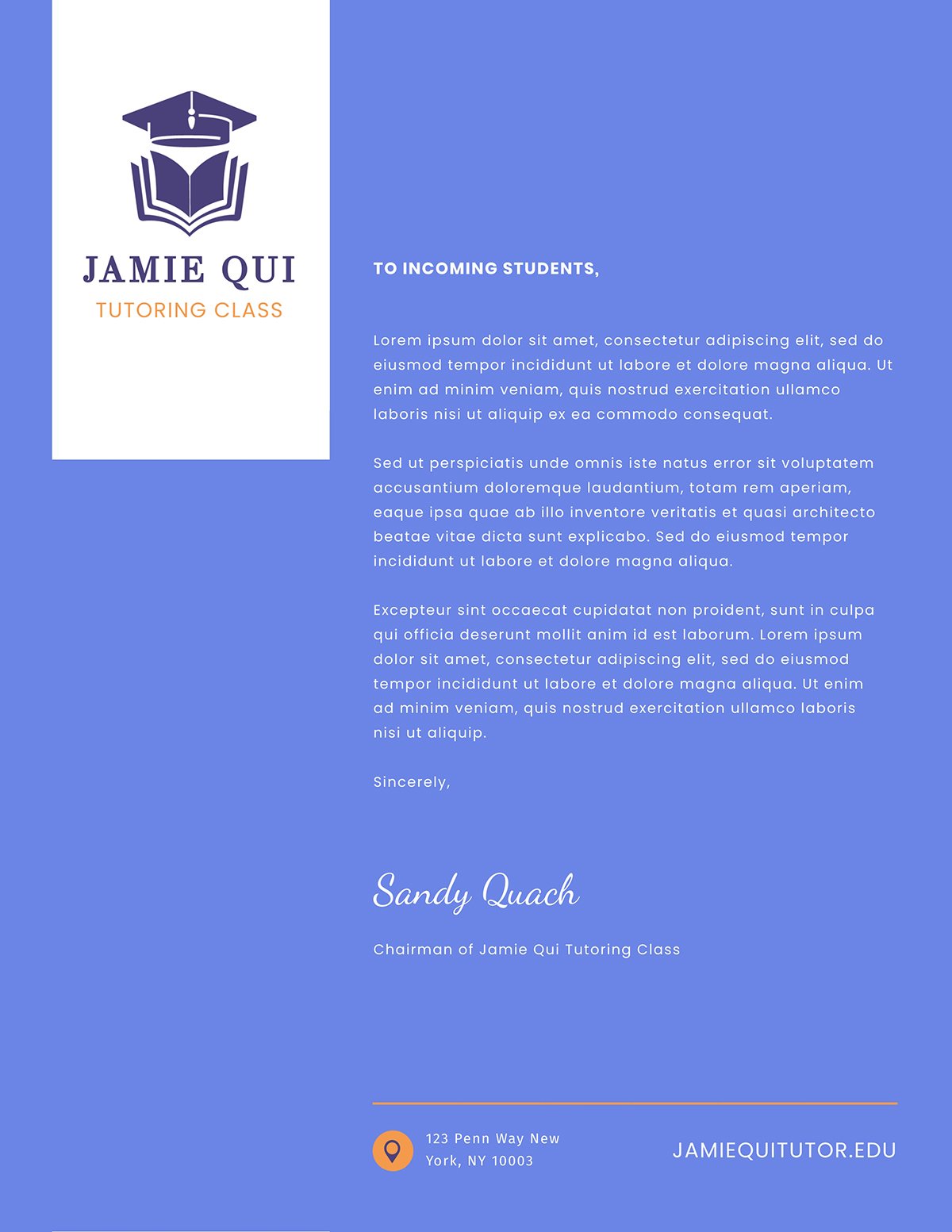 A tutoring services letterhead template available to customize in Visme.