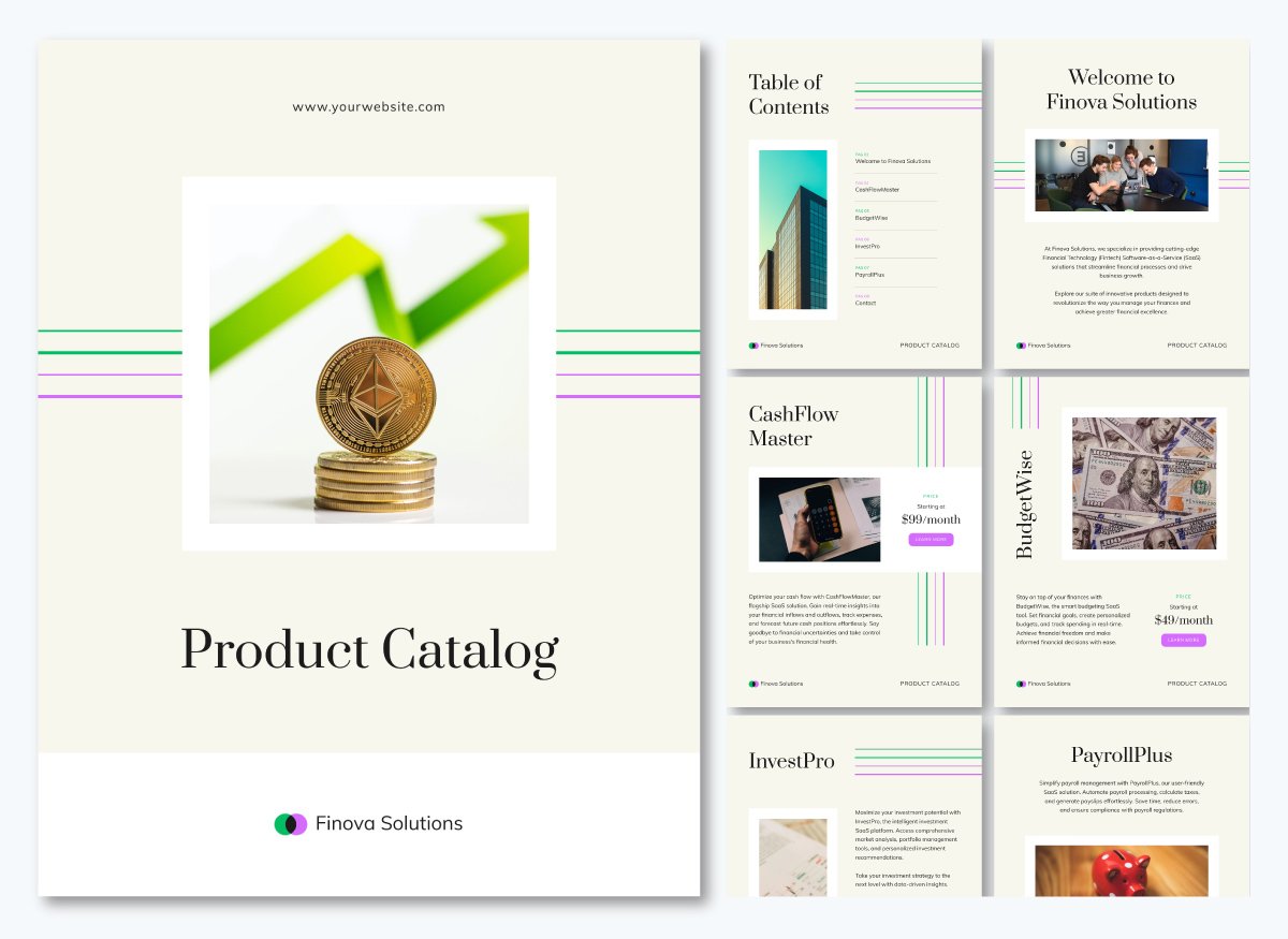 A fintech product catalog template available to customize in Visme.