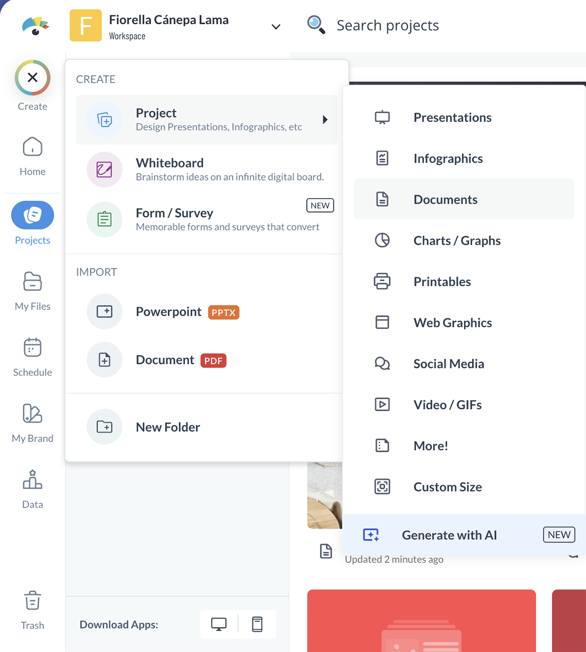 A screenshot showing how to create a new document in Visme.