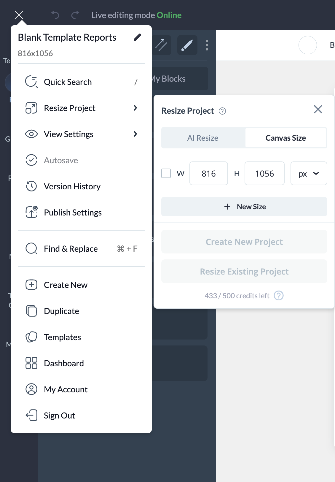 How to change canvas size in Visme's editor.