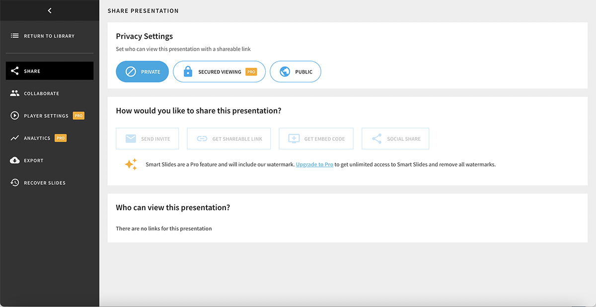 A screenshot of Beautiful.ai's sharing capabilities.