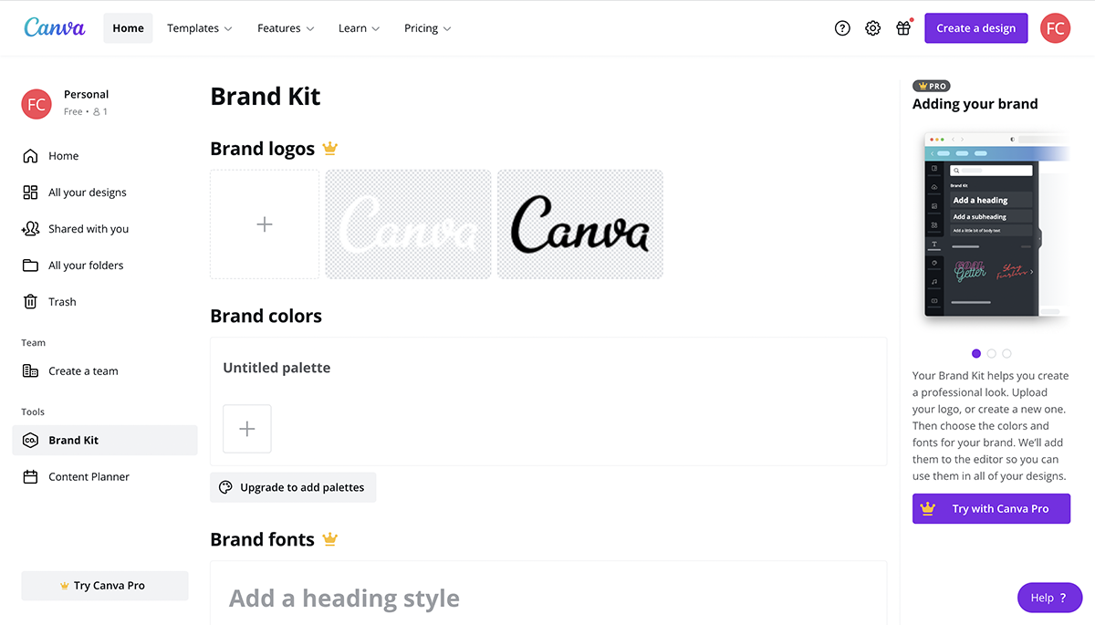 A screenshot of Canva's brand kit feature.