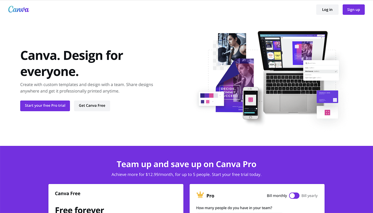 A screenshot of Canva's home page.