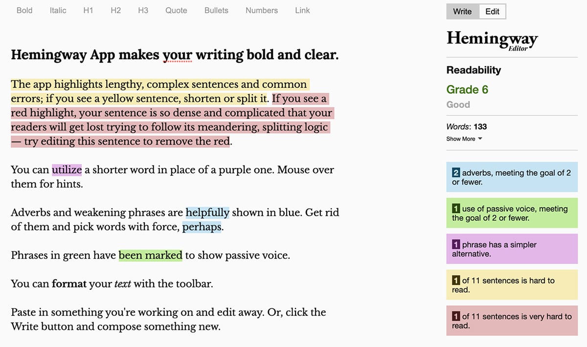 A screenshot of Hemingway App's interface.