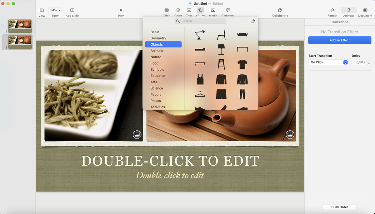 A screenshot of the graphic assets available in Keynote.