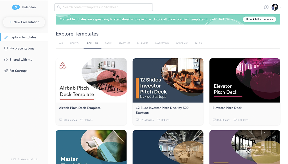 A screenshot of Slidebean's templates.
