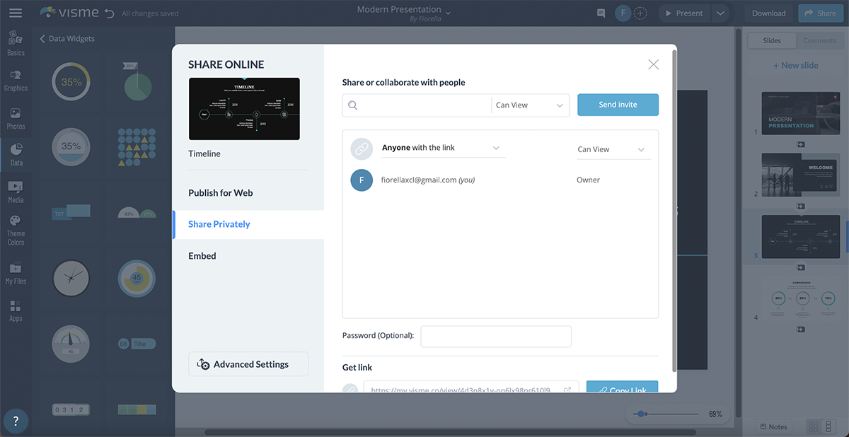 A screenshot of how to share a Visme project.