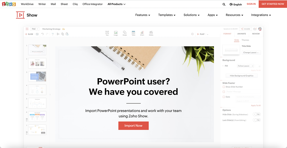 The Zoho Show home page.