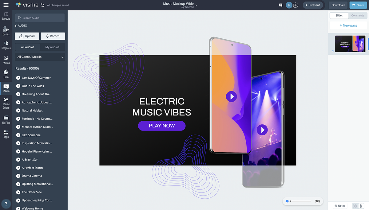 A screenshot of the audio library in Visme's editor.