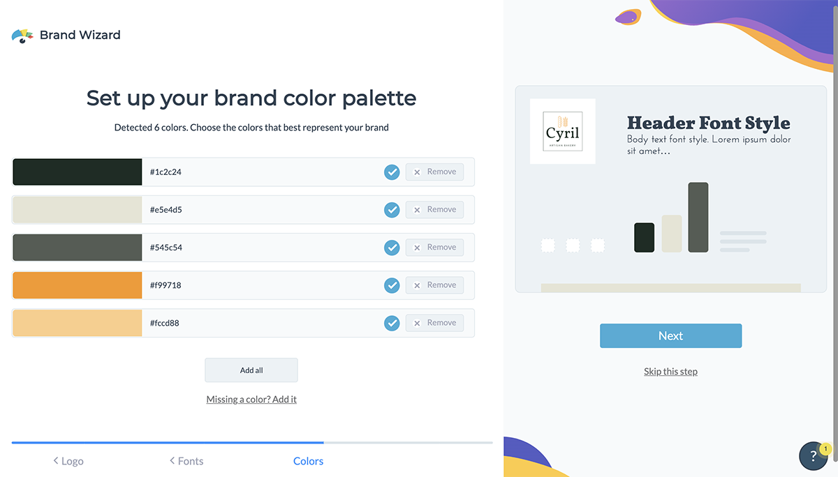 Brand colors in Visme's Brand Wizard.
