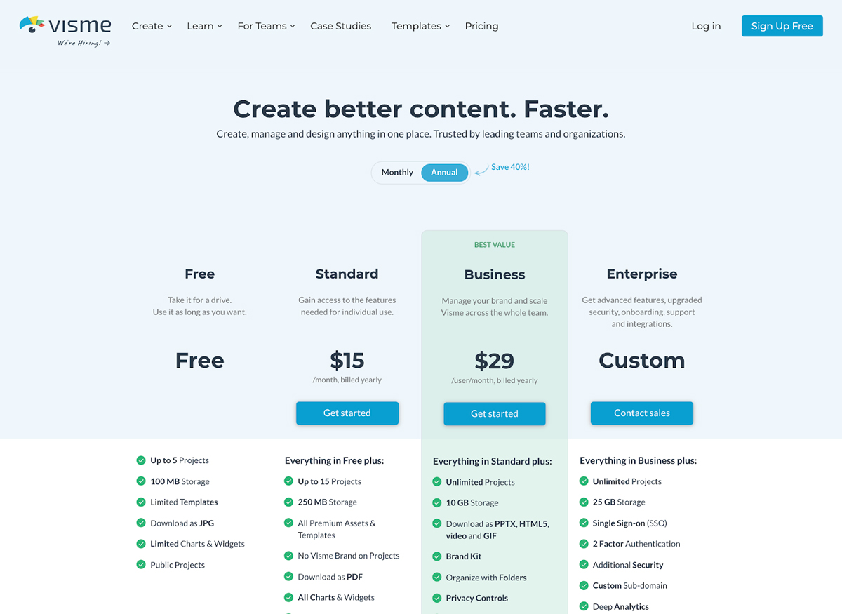 pricing Visme