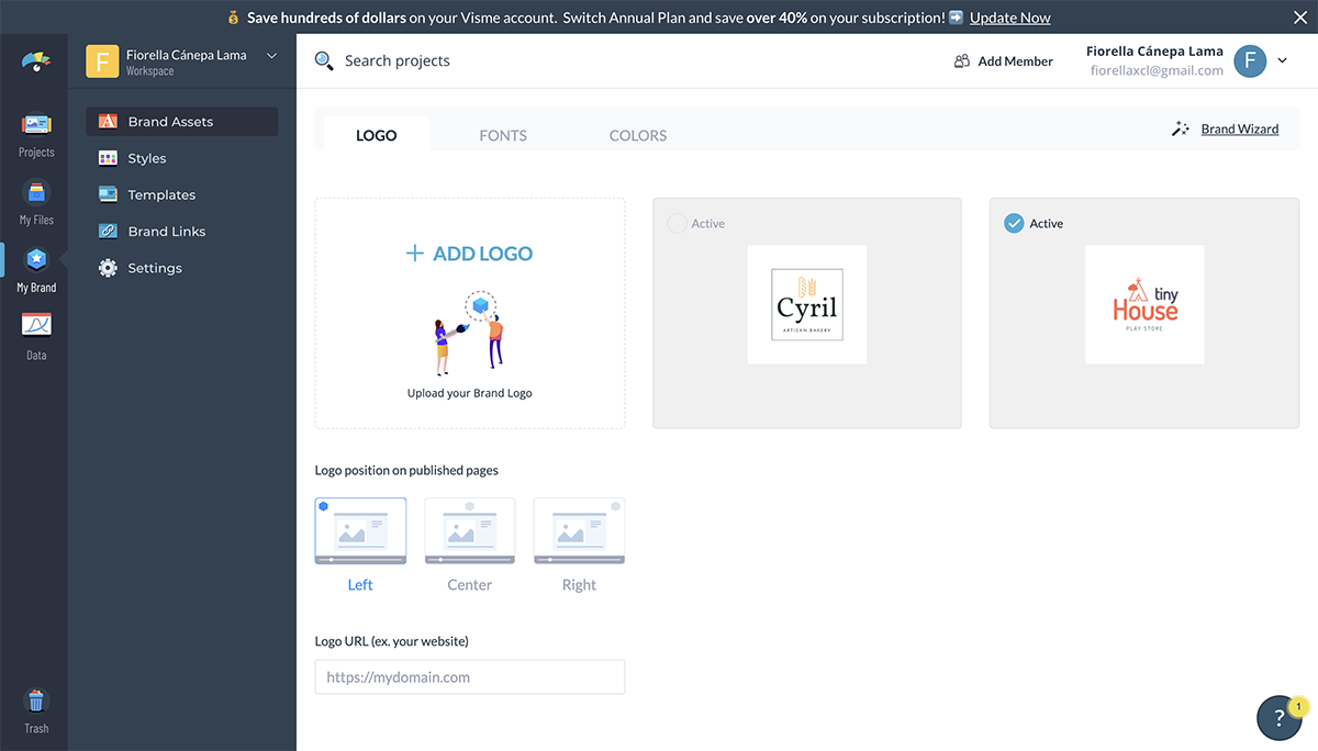 The My Brand dashboard in Visme.