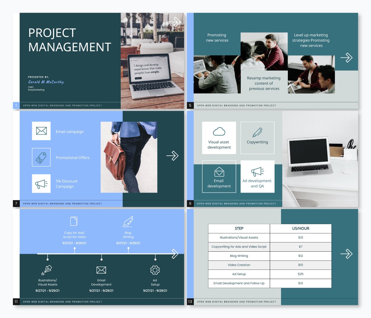 A project management presentation template available to customize in Visme.