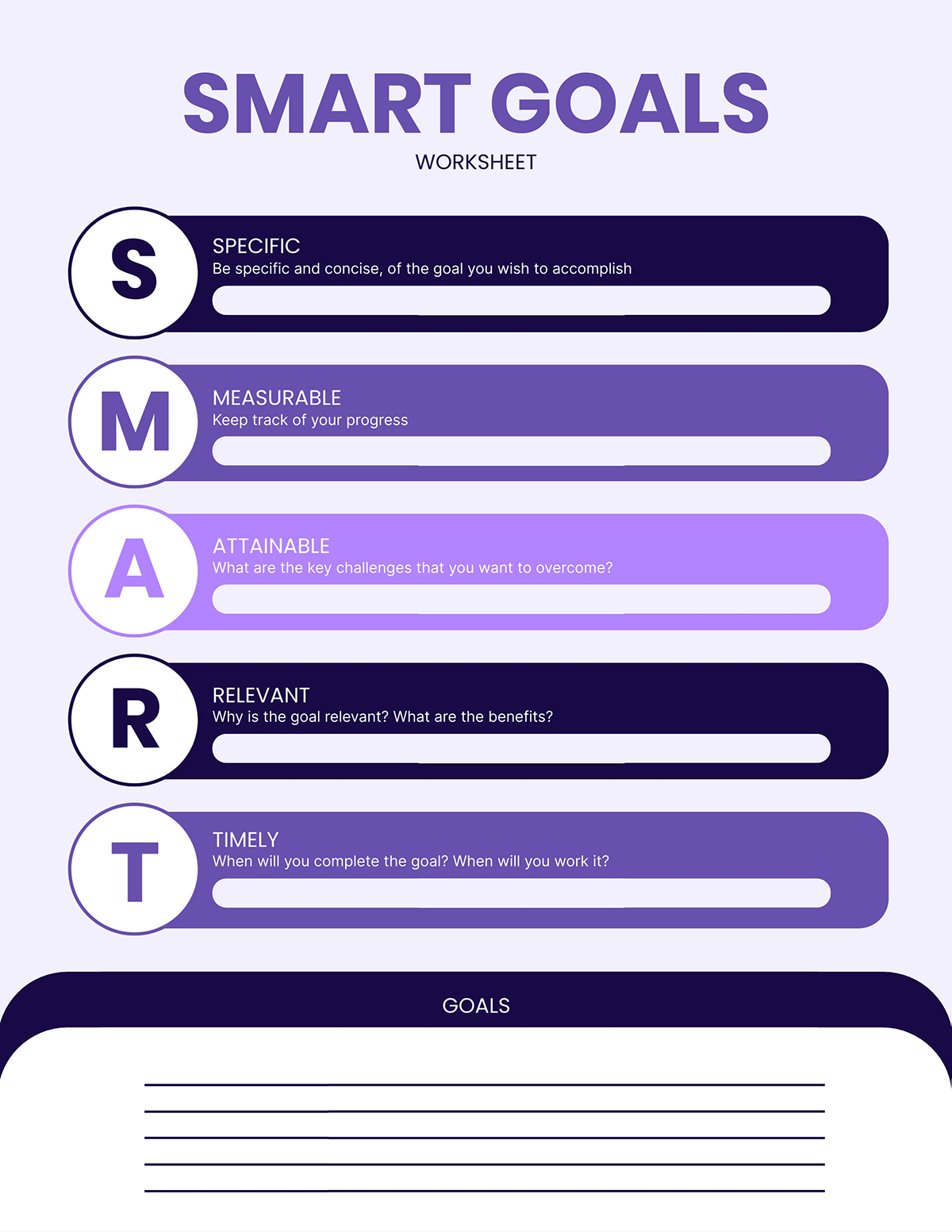 A SMART goals worksheet template available to customize with Visme.