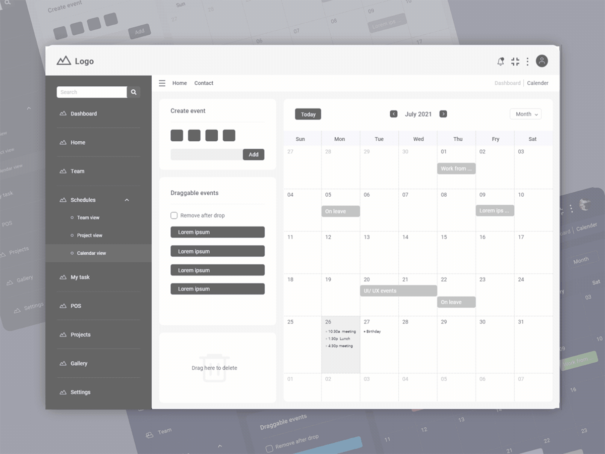 A calendar wireframe example.