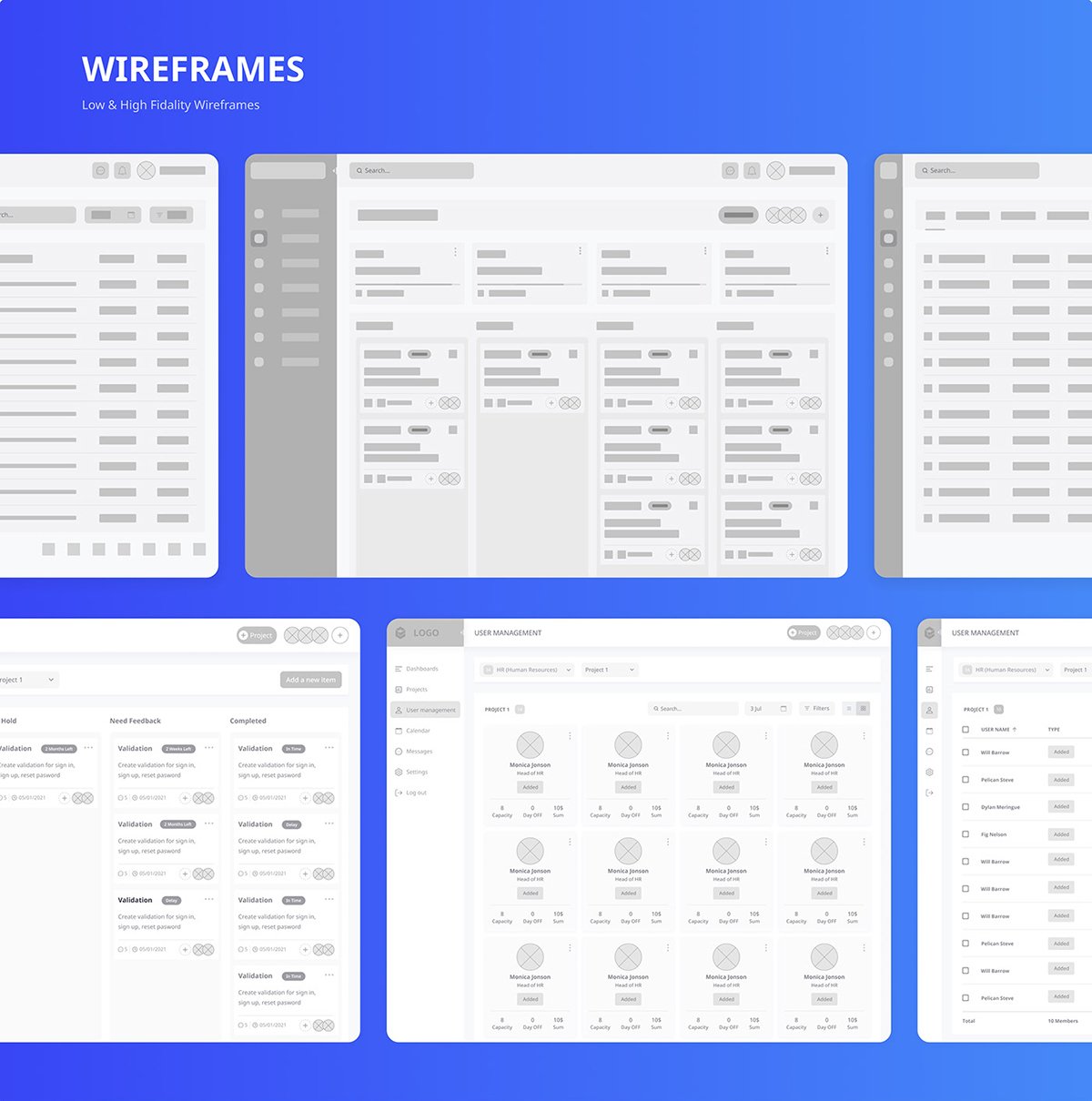 A project management dashboard wireframe example.