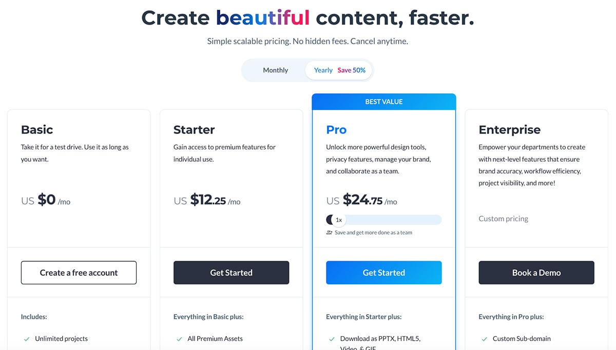 A screenshot of Visme's pricing plans with features