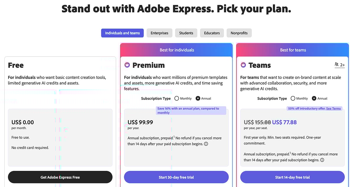 canva vs adobe express - Adobe Pricing