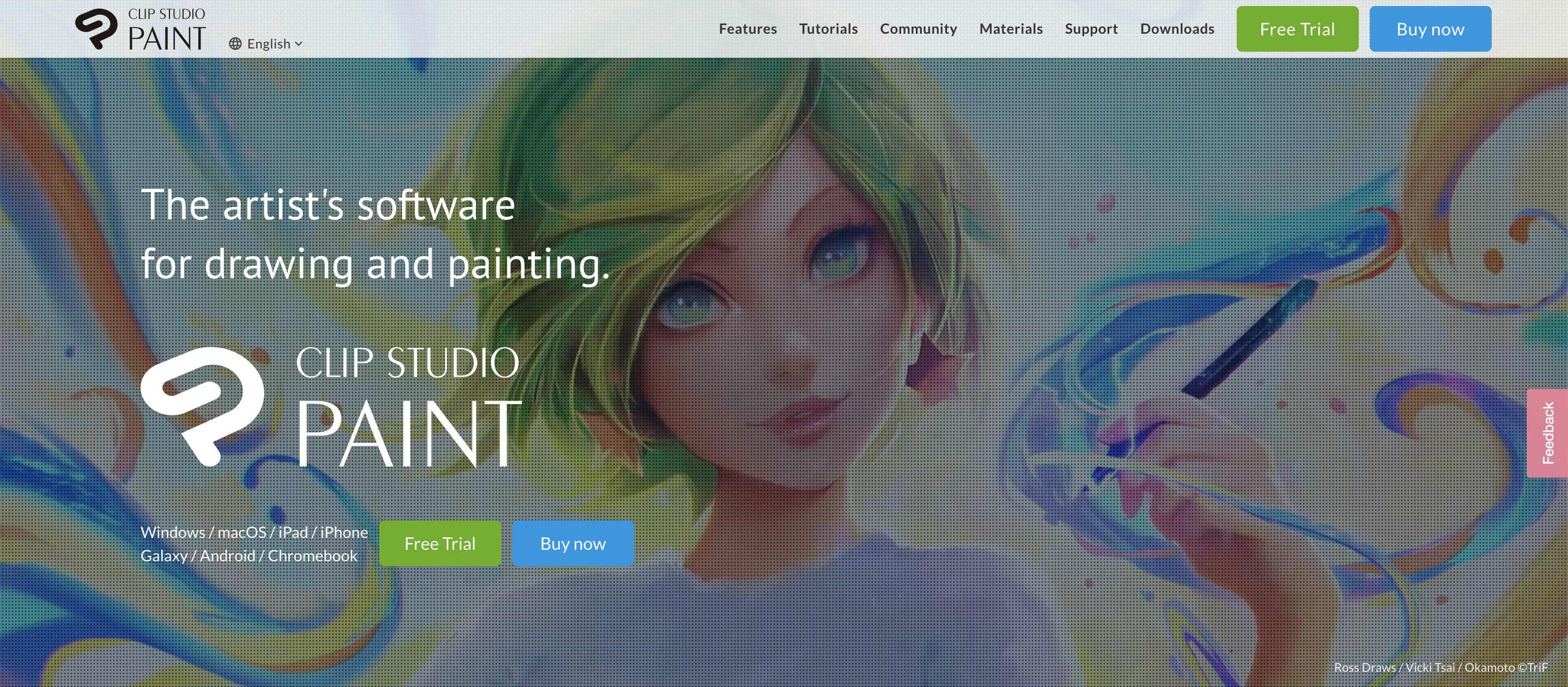 A screenshot of the Clip Studio Paint website.