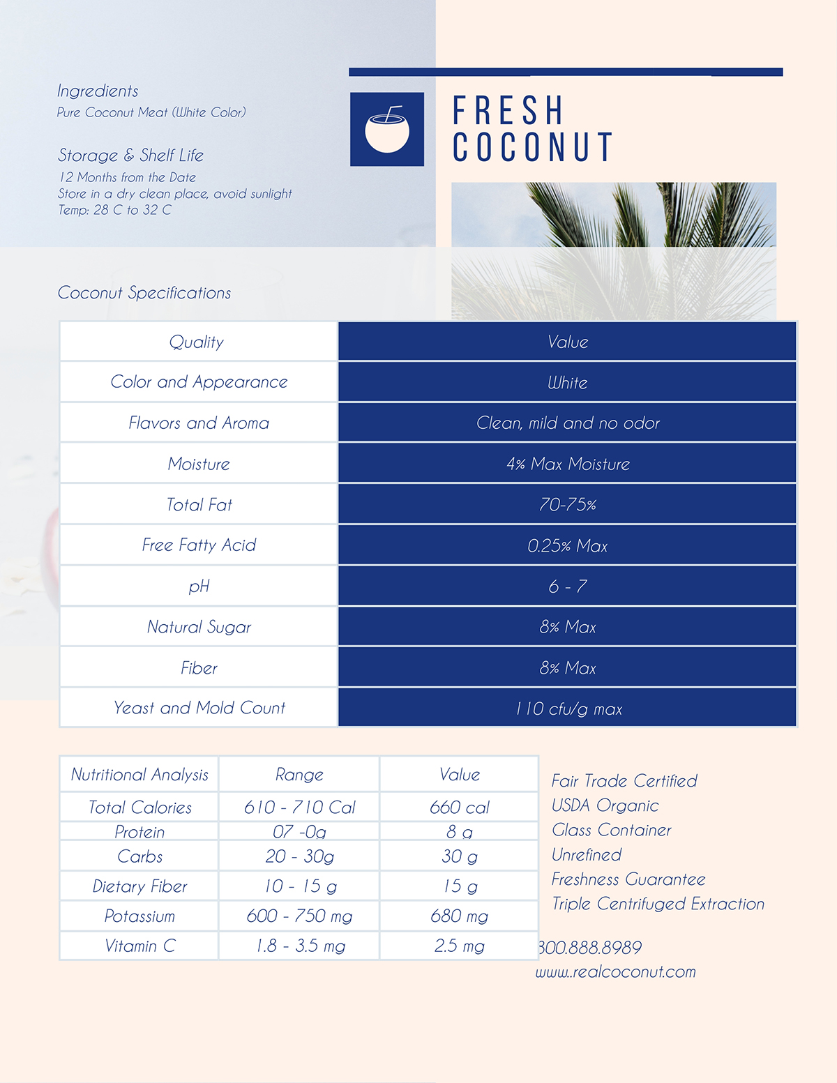 A coconut product sell sheet template available to customize in Visme.